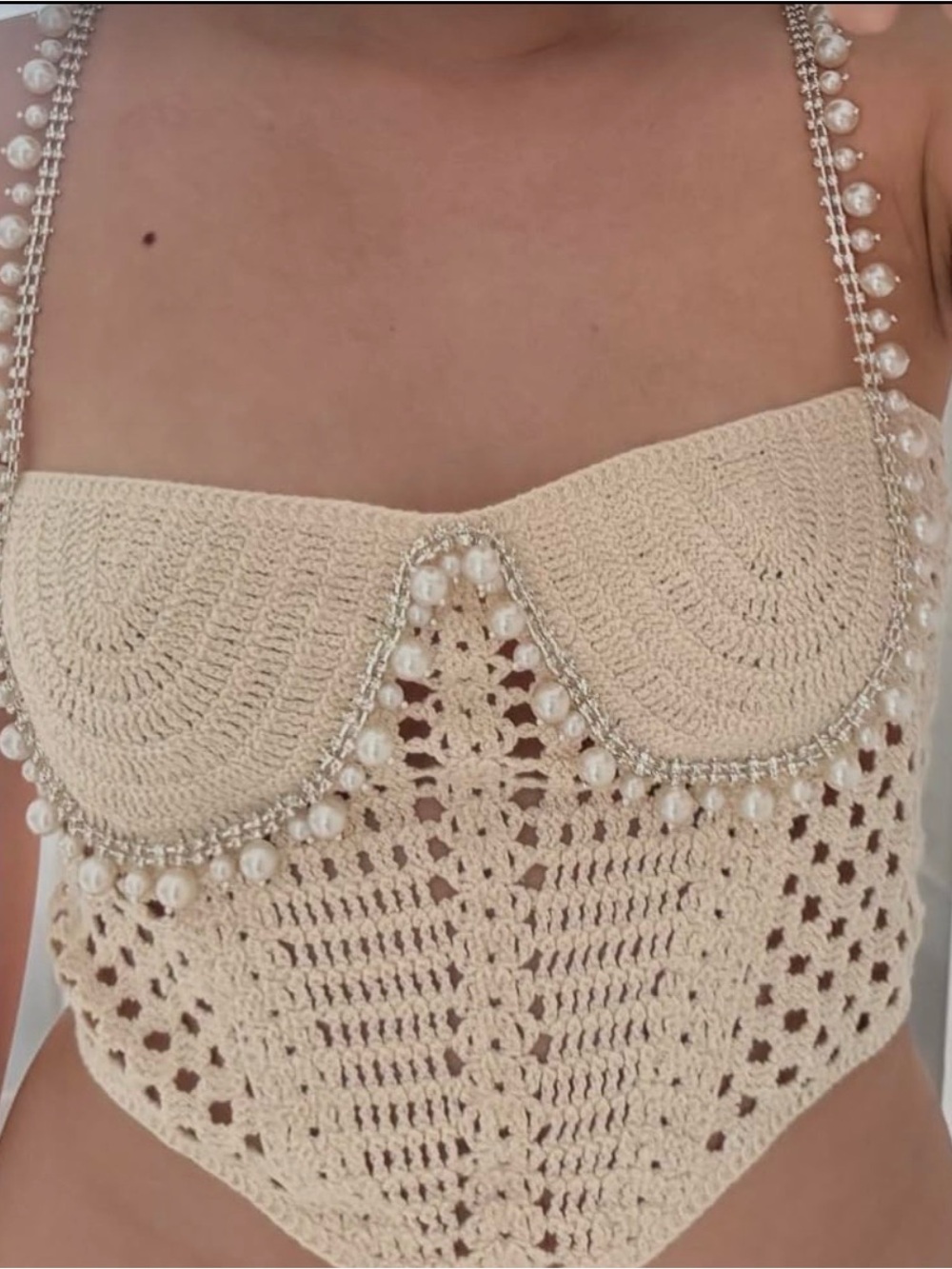 Crochet Pearl-Trim Bustier Top in Cream